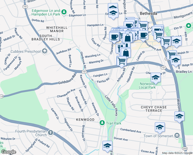 map of restaurants, bars, coffee shops, grocery stores, and more near 5120 Fairglen Lane in Chevy Chase