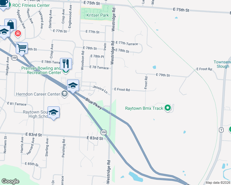map of restaurants, bars, coffee shops, grocery stores, and more near 8001 Frost Road in Raytown
