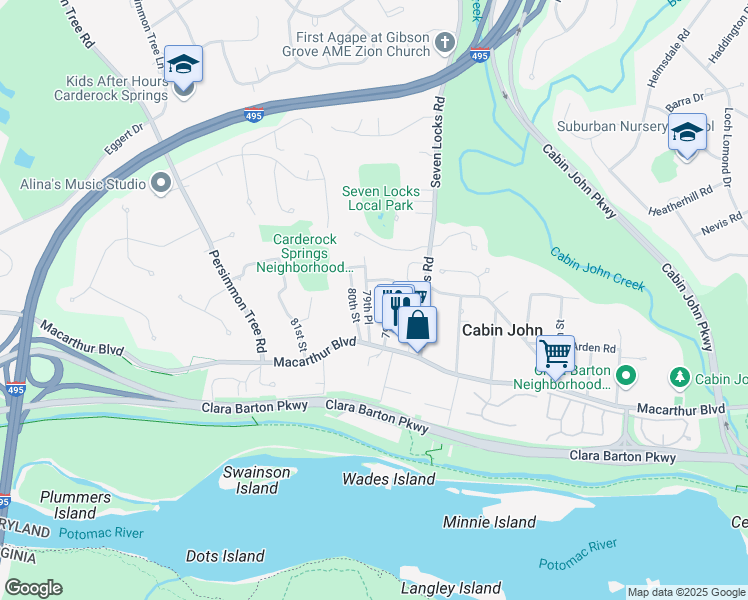 map of restaurants, bars, coffee shops, grocery stores, and more near 6519 79th Place in Cabin John