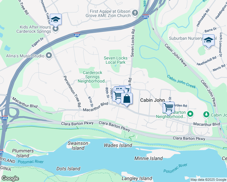 map of restaurants, bars, coffee shops, grocery stores, and more near 6519 79th Place in Cabin John