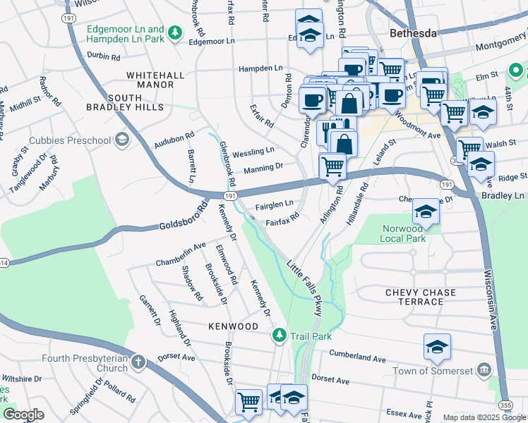 map of restaurants, bars, coffee shops, grocery stores, and more near 5120 Fairglen Lane in Chevy Chase