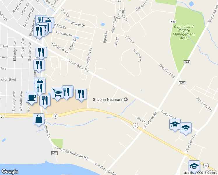map of restaurants, bars, coffee shops, grocery stores, and more near 668 Town Bank Road in North Cape May