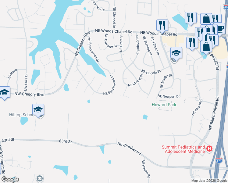 map of restaurants, bars, coffee shops, grocery stores, and more near 3501 Beechwood Circle in Lee's Summit