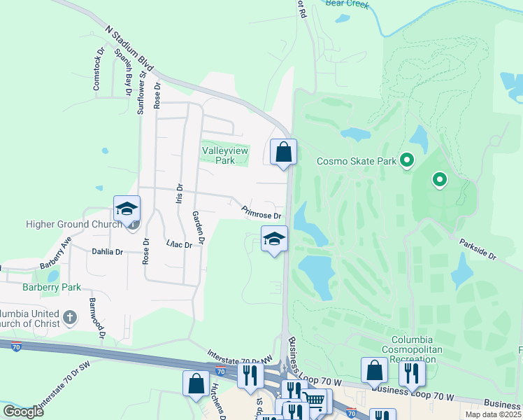 map of restaurants, bars, coffee shops, grocery stores, and more near 2204 Primrose Drive in Columbia