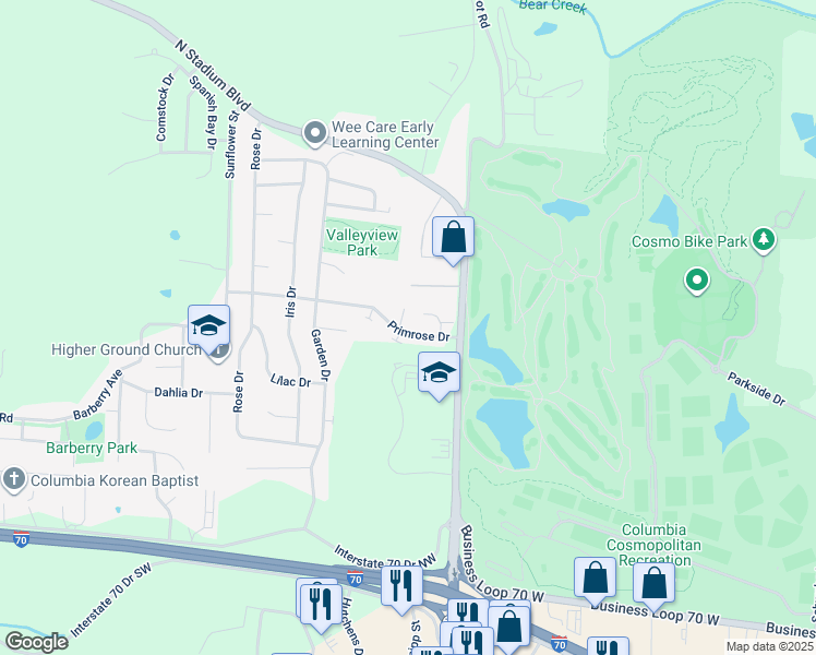 map of restaurants, bars, coffee shops, grocery stores, and more near 2204 Primrose Drive in Columbia
