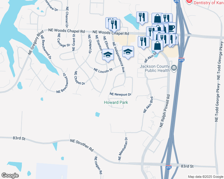 map of restaurants, bars, coffee shops, grocery stores, and more near 3516 Northeast Independence Avenue in Lee's Summit
