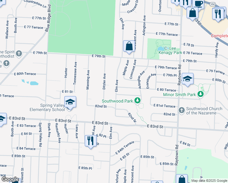map of restaurants, bars, coffee shops, grocery stores, and more near 8100 Elm Avenue in Raytown