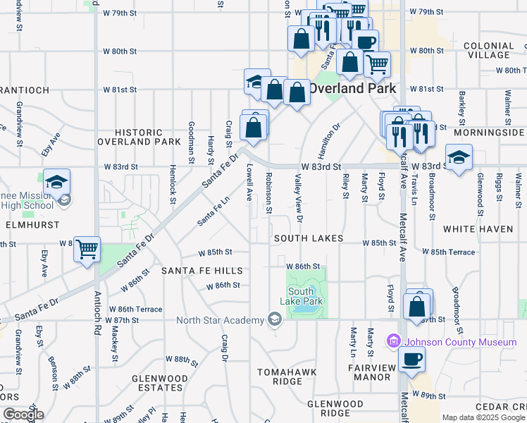 map of restaurants, bars, coffee shops, grocery stores, and more near 7721 West 84th Terrace in Overland Park
