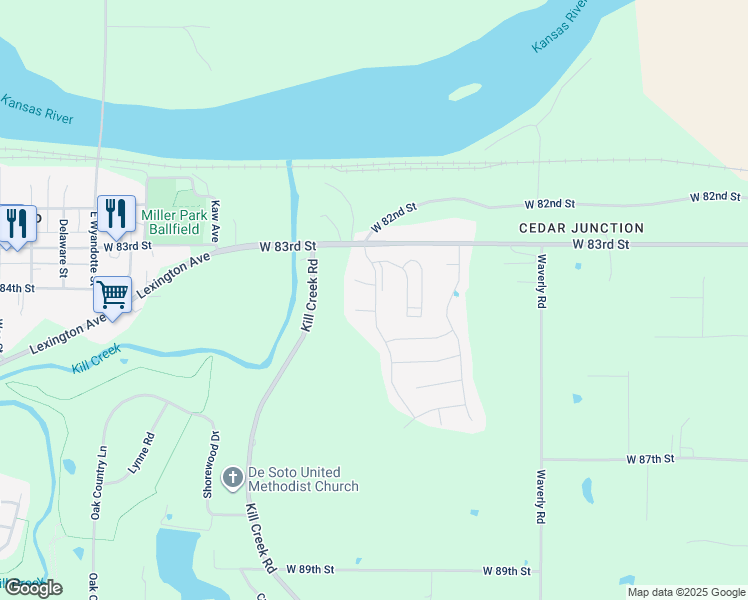 map of restaurants, bars, coffee shops, grocery stores, and more near 31723 West 83rd Court in De Soto