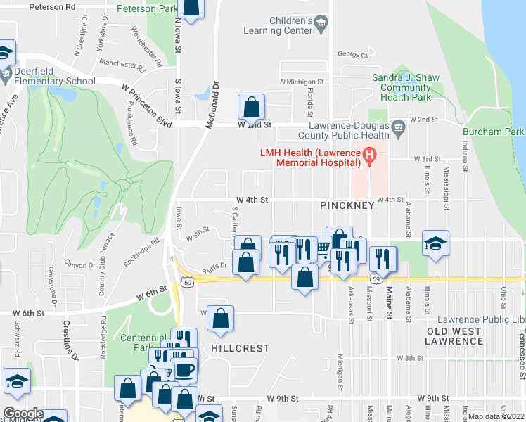 map of restaurants, bars, coffee shops, grocery stores, and more near 448 Grandview Terrace in Lawrence