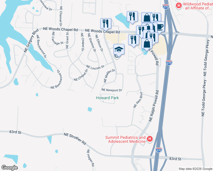 map of restaurants, bars, coffee shops, grocery stores, and more near 3516 Northeast Independence Avenue in Lee's Summit