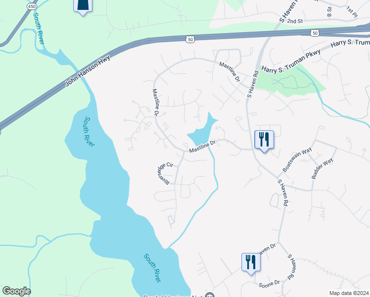 map of restaurants, bars, coffee shops, grocery stores, and more near 2658 Shadow Cove in Annapolis