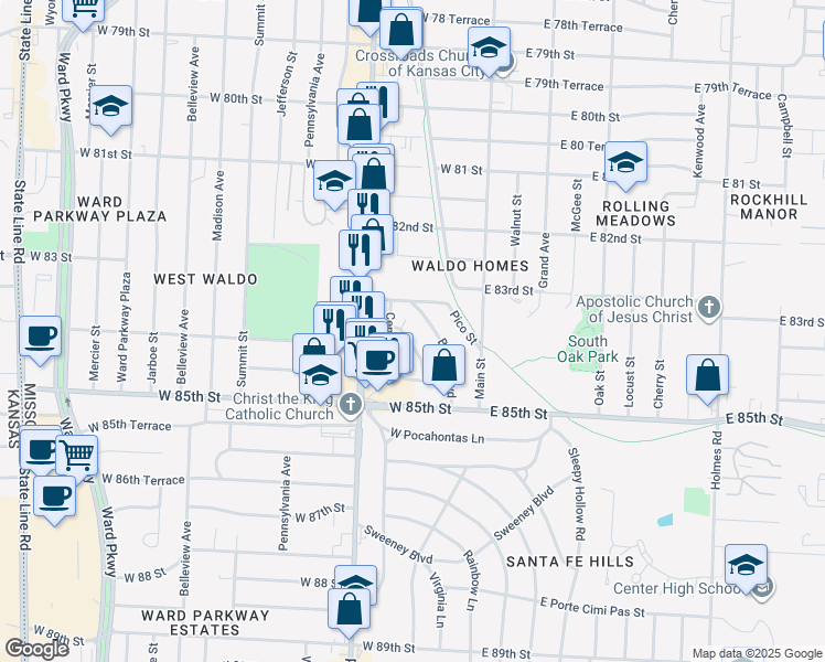 map of restaurants, bars, coffee shops, grocery stores, and more near 8345 Douglas Avenue in Kansas City