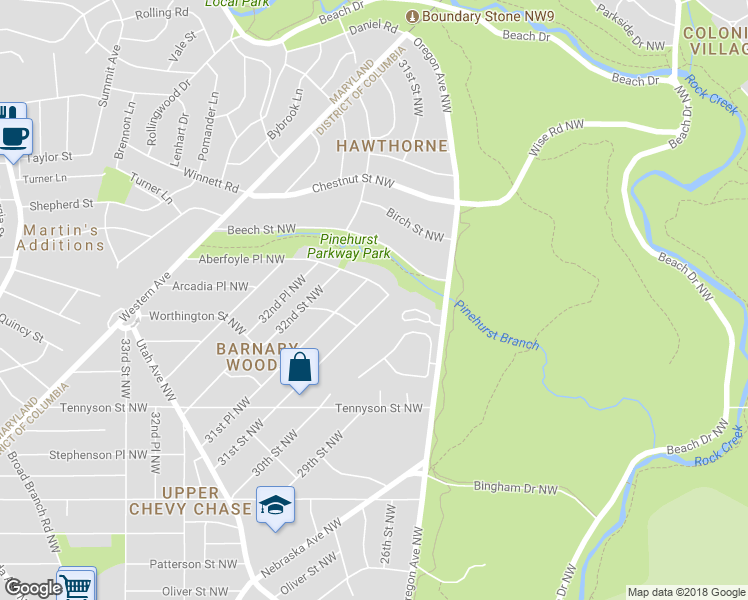 map of restaurants, bars, coffee shops, grocery stores, and more near 6626 31st Street Northwest in Washington