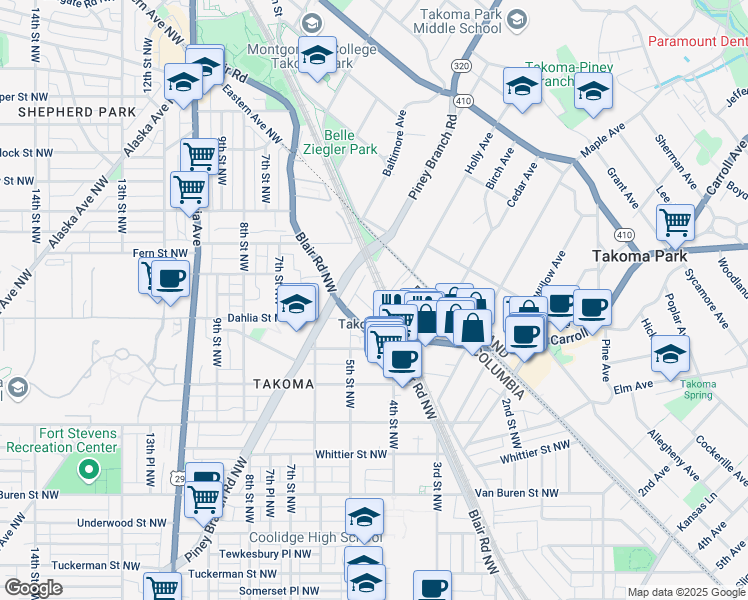 map of restaurants, bars, coffee shops, grocery stores, and more near 7053 Spring Place Northwest in Washington