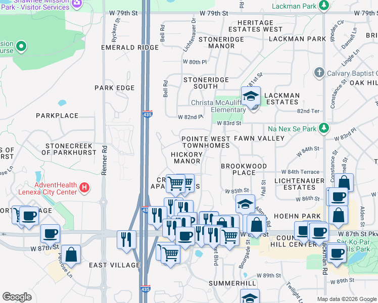 map of restaurants, bars, coffee shops, grocery stores, and more near 16037 West 84th Terrace in Lenexa
