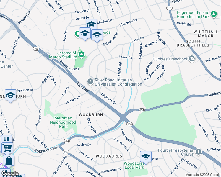 map of restaurants, bars, coffee shops, grocery stores, and more near 6109 Clearwood Road in Bethesda