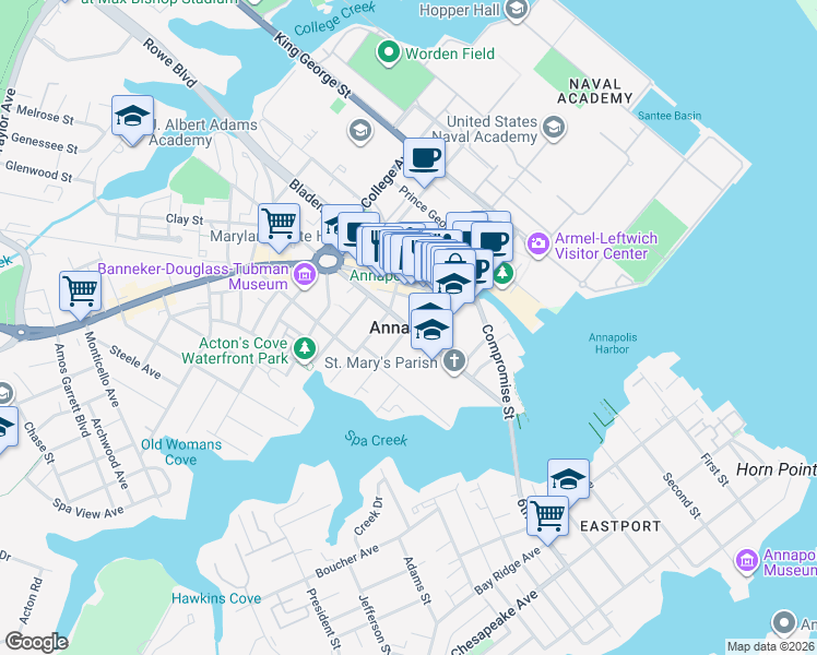 map of restaurants, bars, coffee shops, grocery stores, and more near in Annapolis