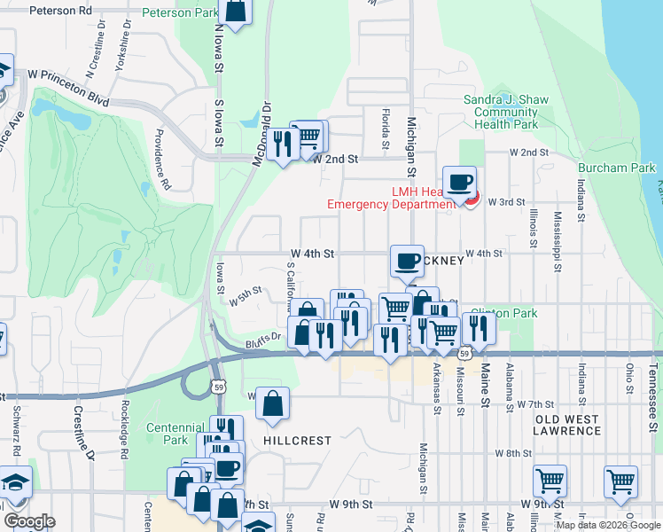 map of restaurants, bars, coffee shops, grocery stores, and more near 422 Wisconsin Street in Lawrence