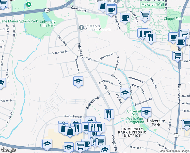 map of restaurants, bars, coffee shops, grocery stores, and more near 7009 Adelphi Road in University Park