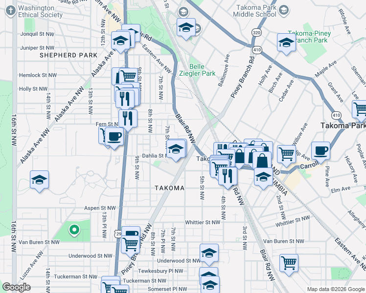 map of restaurants, bars, coffee shops, grocery stores, and more near 101 Independence Avenue Southeast in Washington