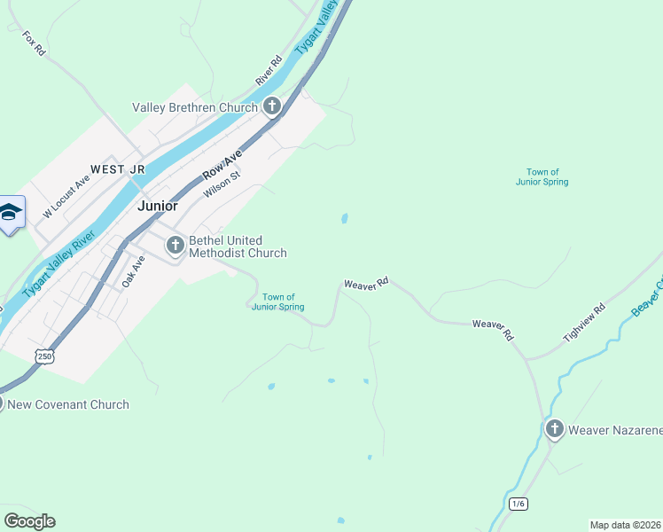 map of restaurants, bars, coffee shops, grocery stores, and more near 558 Junior Weaver Road in Belington