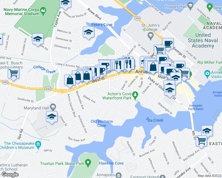 map of restaurants, bars, coffee shops, grocery stores, and more near 61 Shaw Street in Annapolis