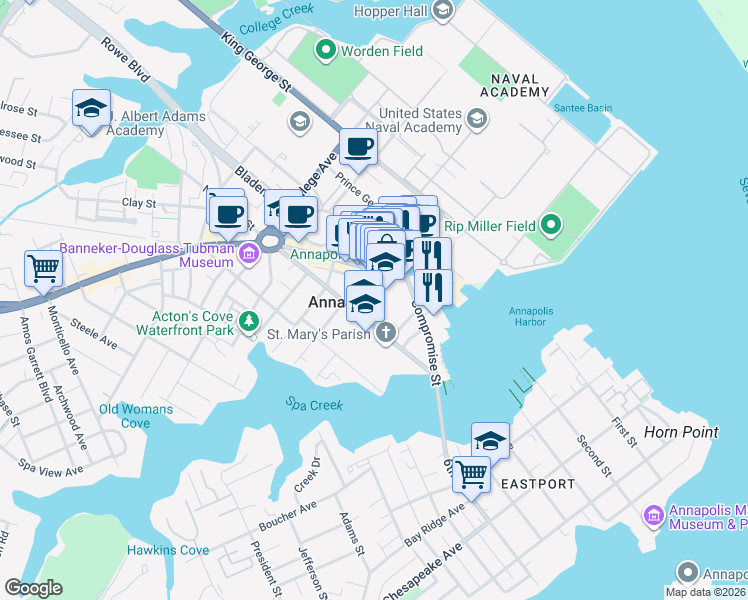 map of restaurants, bars, coffee shops, grocery stores, and more near 172 Green Street in Annapolis
