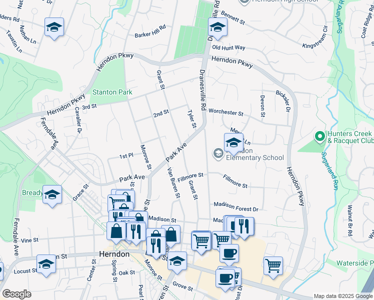map of restaurants, bars, coffee shops, grocery stores, and more near 912 Grant Street in Herndon