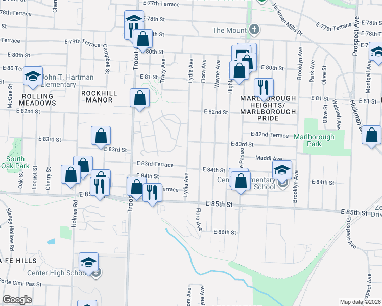 map of restaurants, bars, coffee shops, grocery stores, and more near 1344 East 83rd Terrace in Kansas City