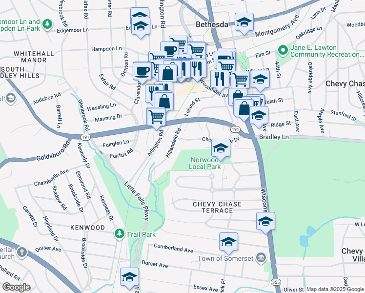 map of restaurants, bars, coffee shops, grocery stores, and more near 4866 Chevy Chase Drive in Chevy Chase