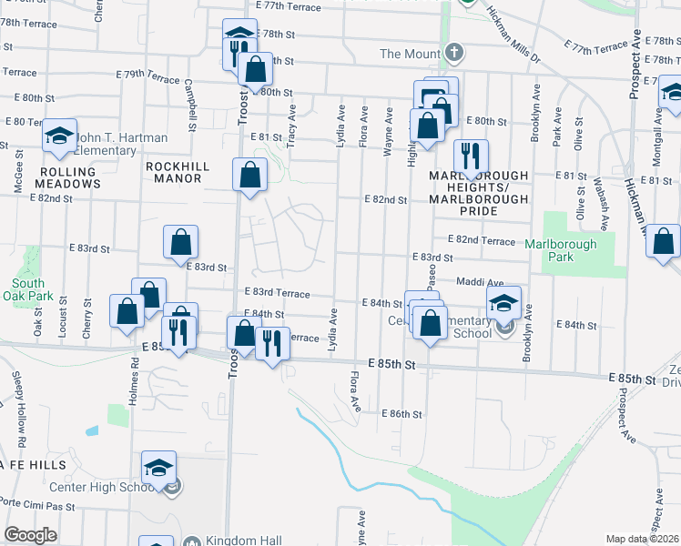 map of restaurants, bars, coffee shops, grocery stores, and more near 1344 East 83rd Terrace in Kansas City