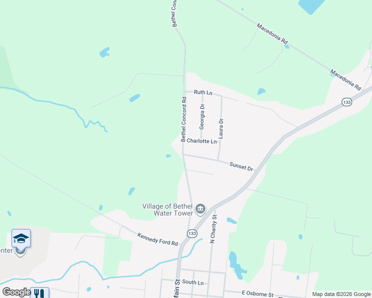 map of restaurants, bars, coffee shops, grocery stores, and more near 103 Sunset Drive in Bethel