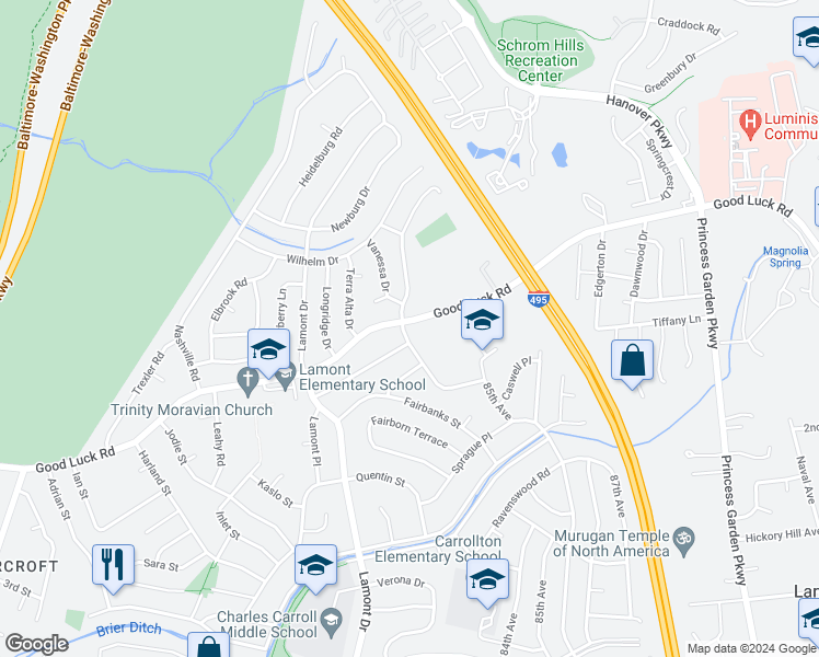 map of restaurants, bars, coffee shops, grocery stores, and more near 8300 Cathedral Avenue in New Carrollton