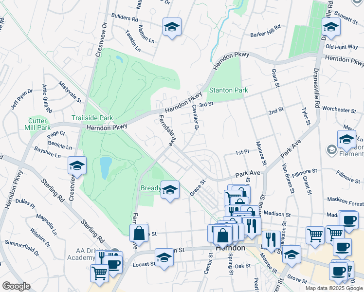 map of restaurants, bars, coffee shops, grocery stores, and more near 1048 Saber Lane in Herndon