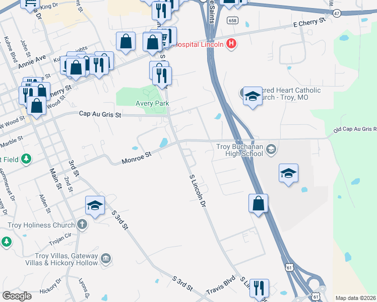 map of restaurants, bars, coffee shops, grocery stores, and more near 19 Dorothy Drive in Troy