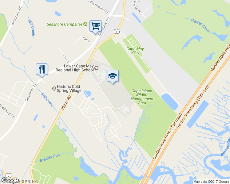 map of restaurants, bars, coffee shops, grocery stores, and more near 687 Rte 9 in Cape May