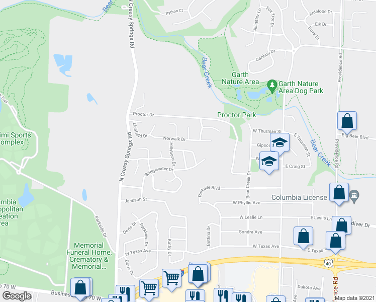map of restaurants, bars, coffee shops, grocery stores, and more near 704 Portsmouth Drive in Columbia