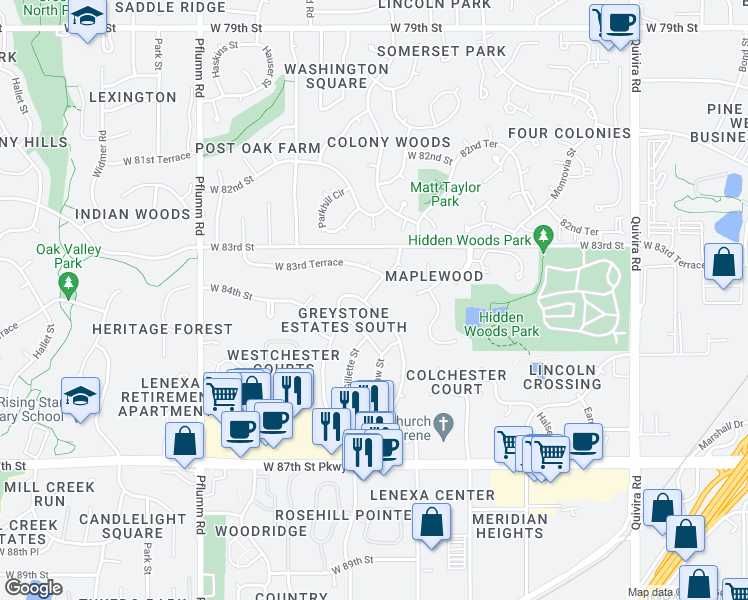 map of restaurants, bars, coffee shops, grocery stores, and more near 13020 West 84th Street in Lenexa
