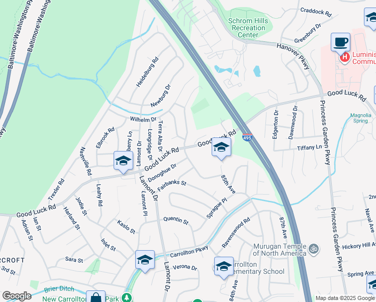 map of restaurants, bars, coffee shops, grocery stores, and more near 8300 Cathedral Avenue in New Carrollton