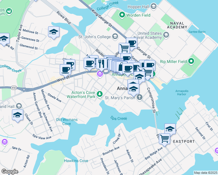 map of restaurants, bars, coffee shops, grocery stores, and more near 115 Charles Street in Annapolis