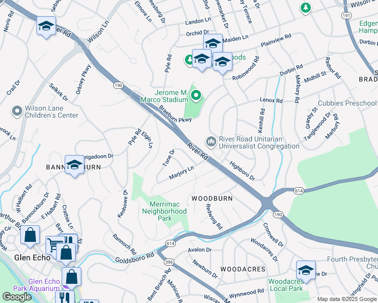 map of restaurants, bars, coffee shops, grocery stores, and more near 6309 Tone Drive in Bethesda