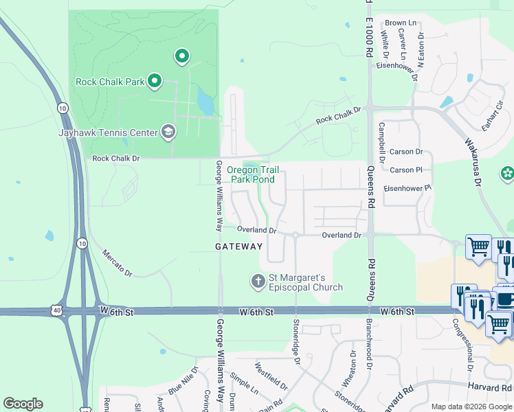 map of restaurants, bars, coffee shops, grocery stores, and more near 433 Freemont Drive in Lawrence