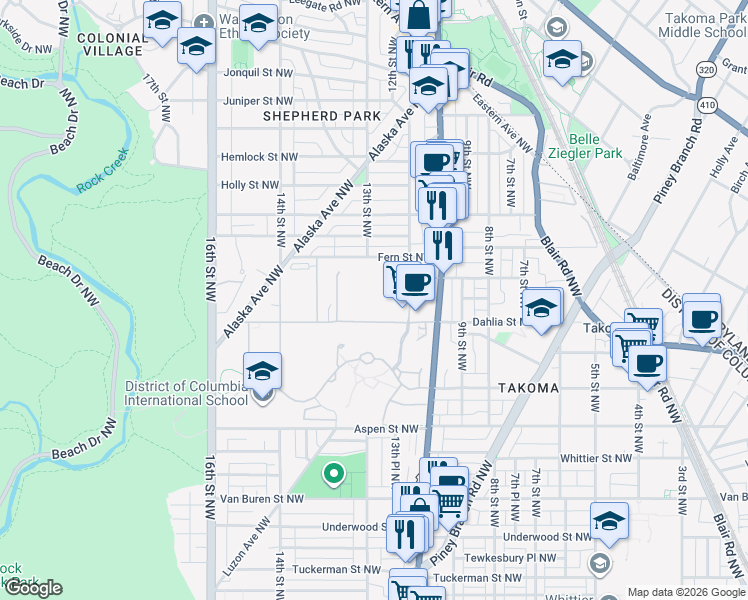 map of restaurants, bars, coffee shops, grocery stores, and more near 6900 Georgia Avenue Northwest in Washington