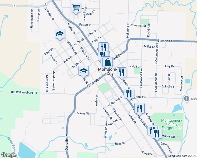 map of restaurants, bars, coffee shops, grocery stores, and more near 204 West 2nd Street in Montgomery City