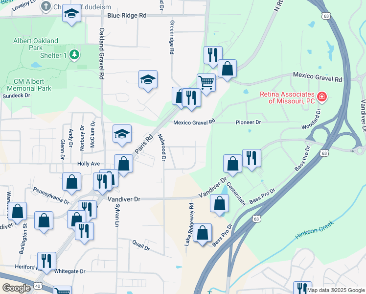 map of restaurants, bars, coffee shops, grocery stores, and more near 2854 North Willowbrook Road in Columbia