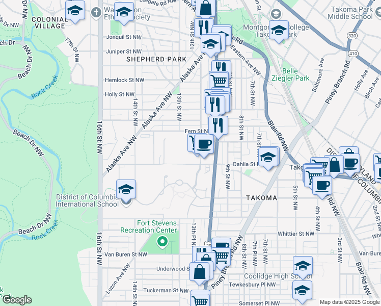 map of restaurants, bars, coffee shops, grocery stores, and more near 6900 Georgia Avenue Northwest in Washington