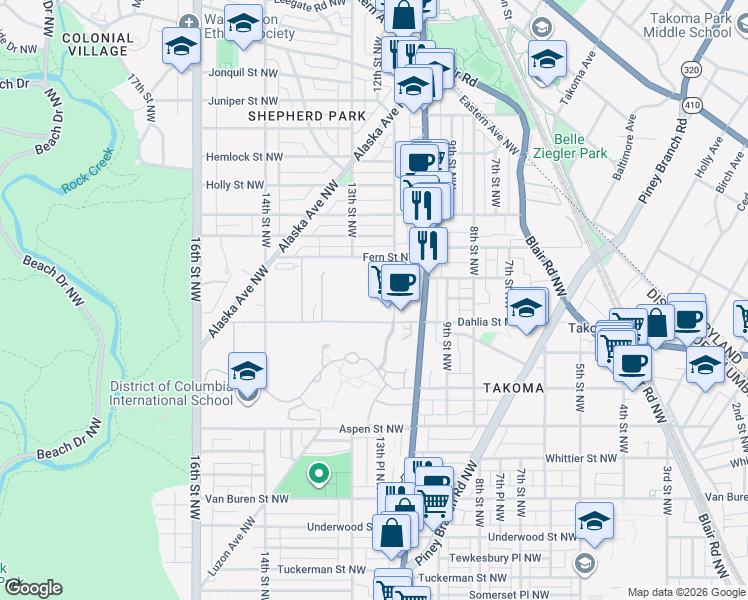 map of restaurants, bars, coffee shops, grocery stores, and more near 6900 Georgia Avenue Northwest in Washington