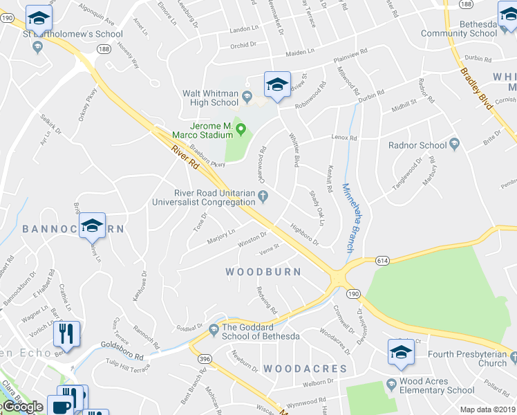 map of restaurants, bars, coffee shops, grocery stores, and more near 6301 River Road in Bethesda