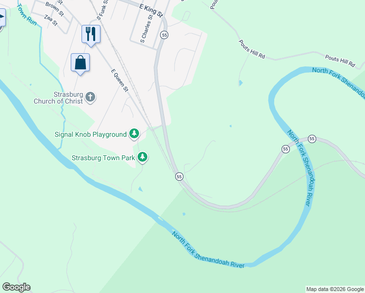 map of restaurants, bars, coffee shops, grocery stores, and more near 619 Front Royal Road in Strasburg